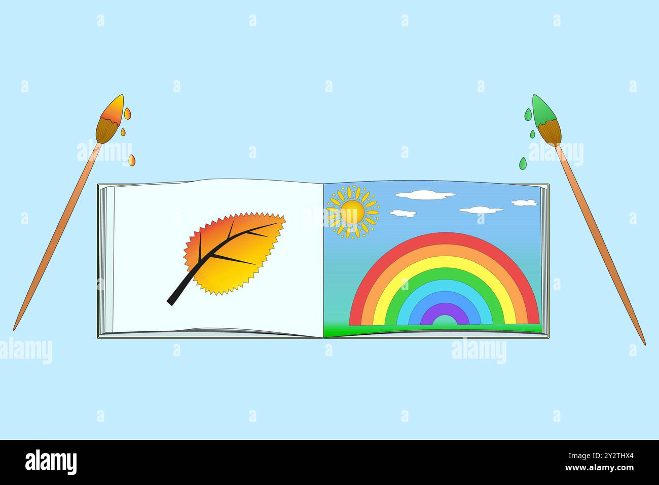 Illustration d'un album de dessin ouvert avec une feuille colorée et un arc-en-ciel. Les pinceaux dégouttent de la peinture vibrante, symbolisant la créativité et la rentrée scolaire Illustration de Vecteur