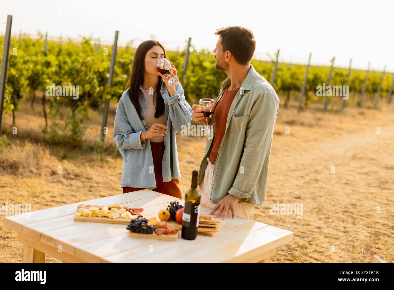 Couple savoure du vin rouge tout en se tenant près d'une table rustique remplie d'une variété de fromages, de fruits et de viandes au milieu d'un vignoble pittoresque au crépuscule Banque D'Images