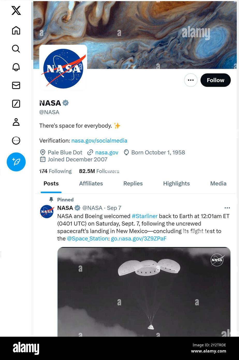 'X' - anciennement Twitter - page (septembre 2024) de la NASA Banque D'Images