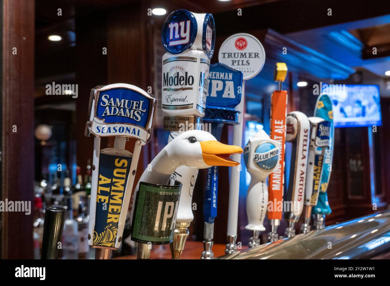 Gros plan des étançons de bière pression au Blackwell's pub, New York City, États-Unis, 2024 Banque D'Images