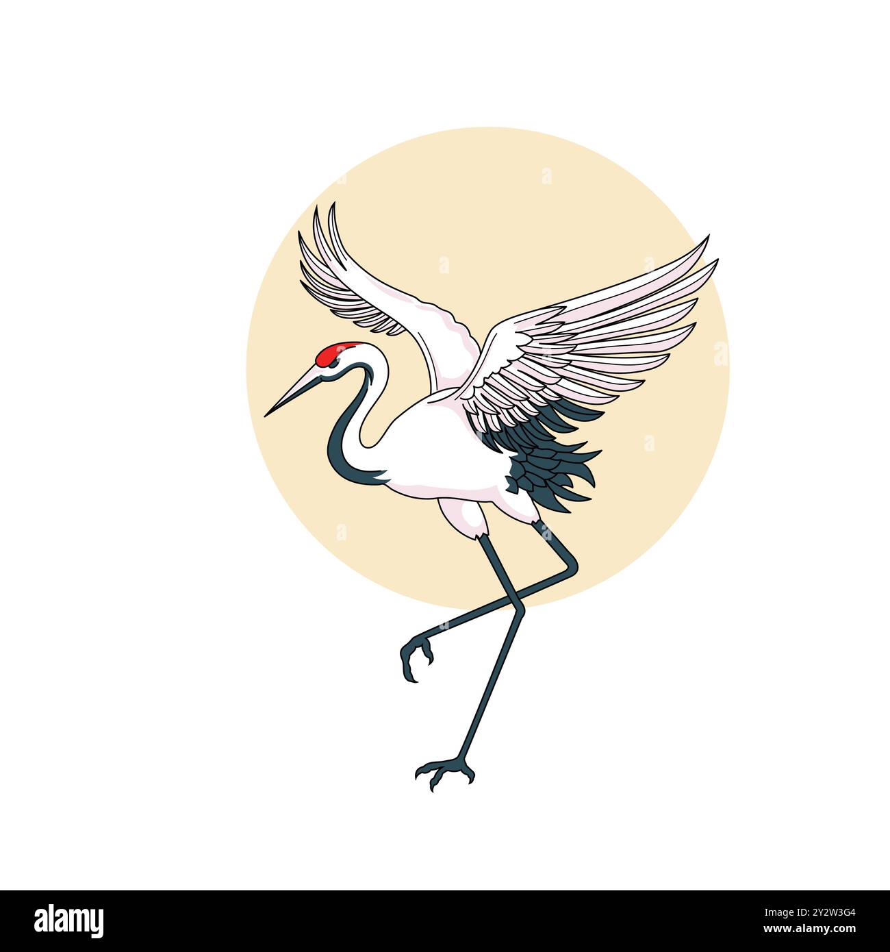 Oiseau grue couronné rouge debout avec des ailes étalées isolent sur fond blanc Illustration de Vecteur