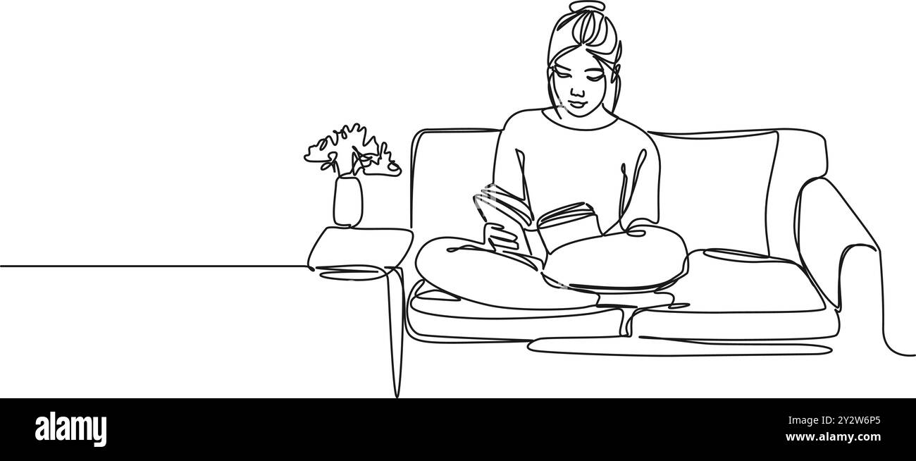 dessin continu d'une seule ligne de jeune femme assise sur le canapé lisant un livre, illustration vectorielle d'art au trait Illustration de Vecteur