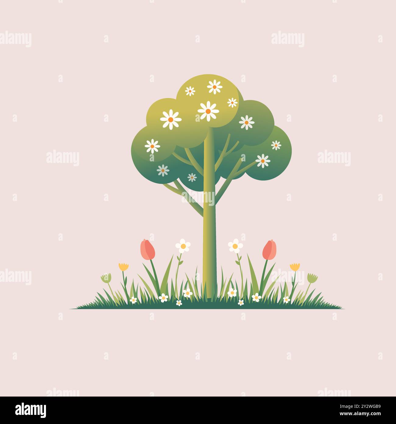 Un arbre de printemps avec des feuilles vertes avec des fleurs en fleurs illustration vectorielle, vecteur d'arbre de fleur de cerisier, Illustration de Vecteur