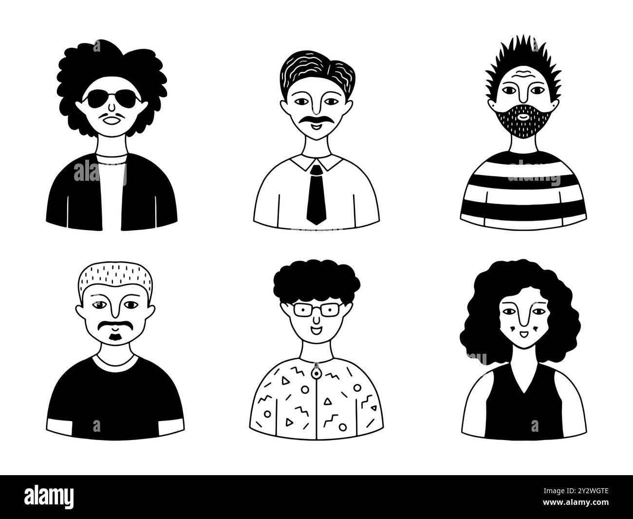 Ensemble de 6 avatars de doodle masculin dessinés à la main sur un fond isolé. Parfait pour une utilisation sur des sites Web, des profils de médias sociaux ou des projets créatifs. Illustration de Vecteur