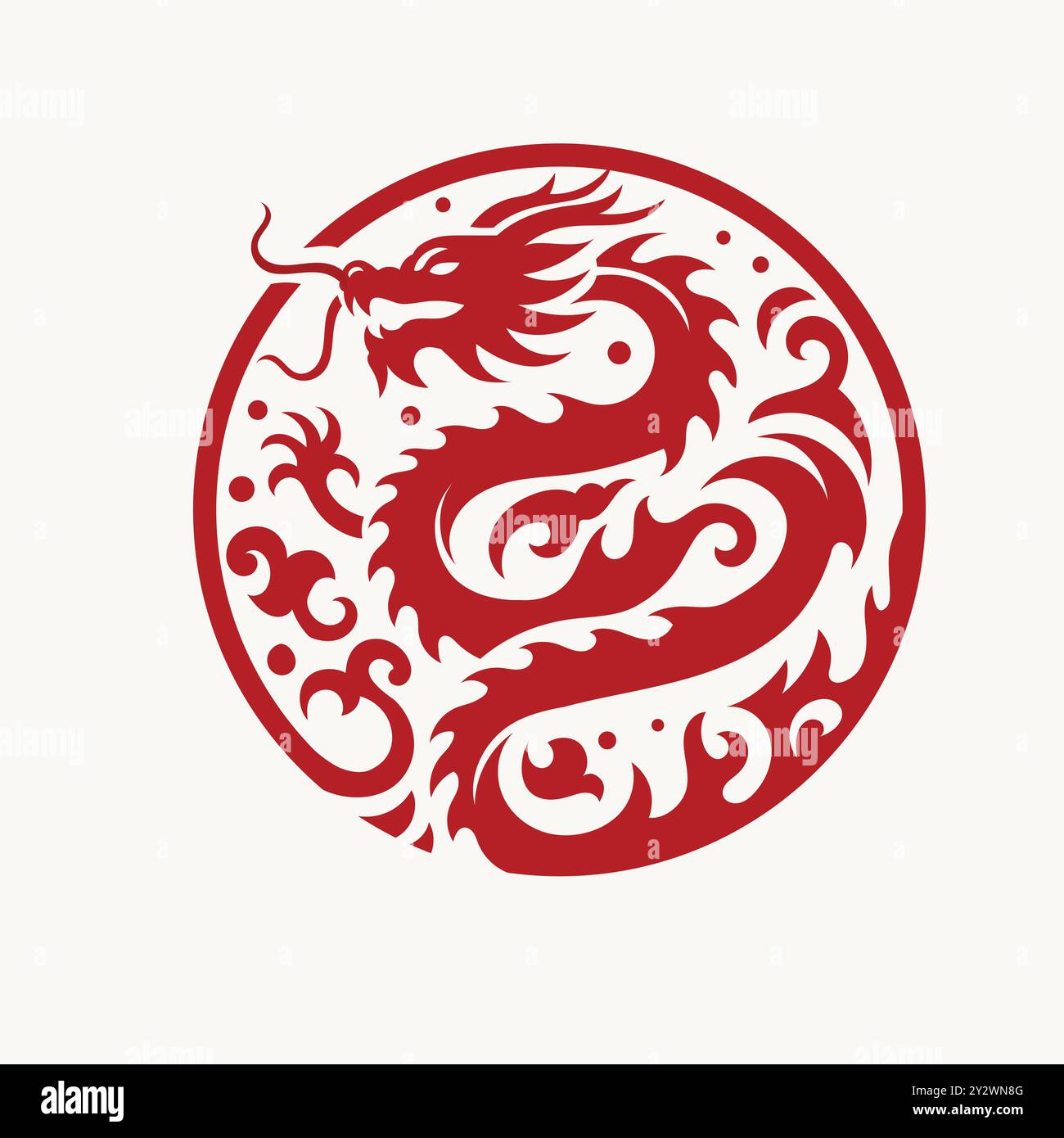 Emblème de cercle de Dragon chinois de couleur rouge isolé sur fond blanc Illustration de Vecteur