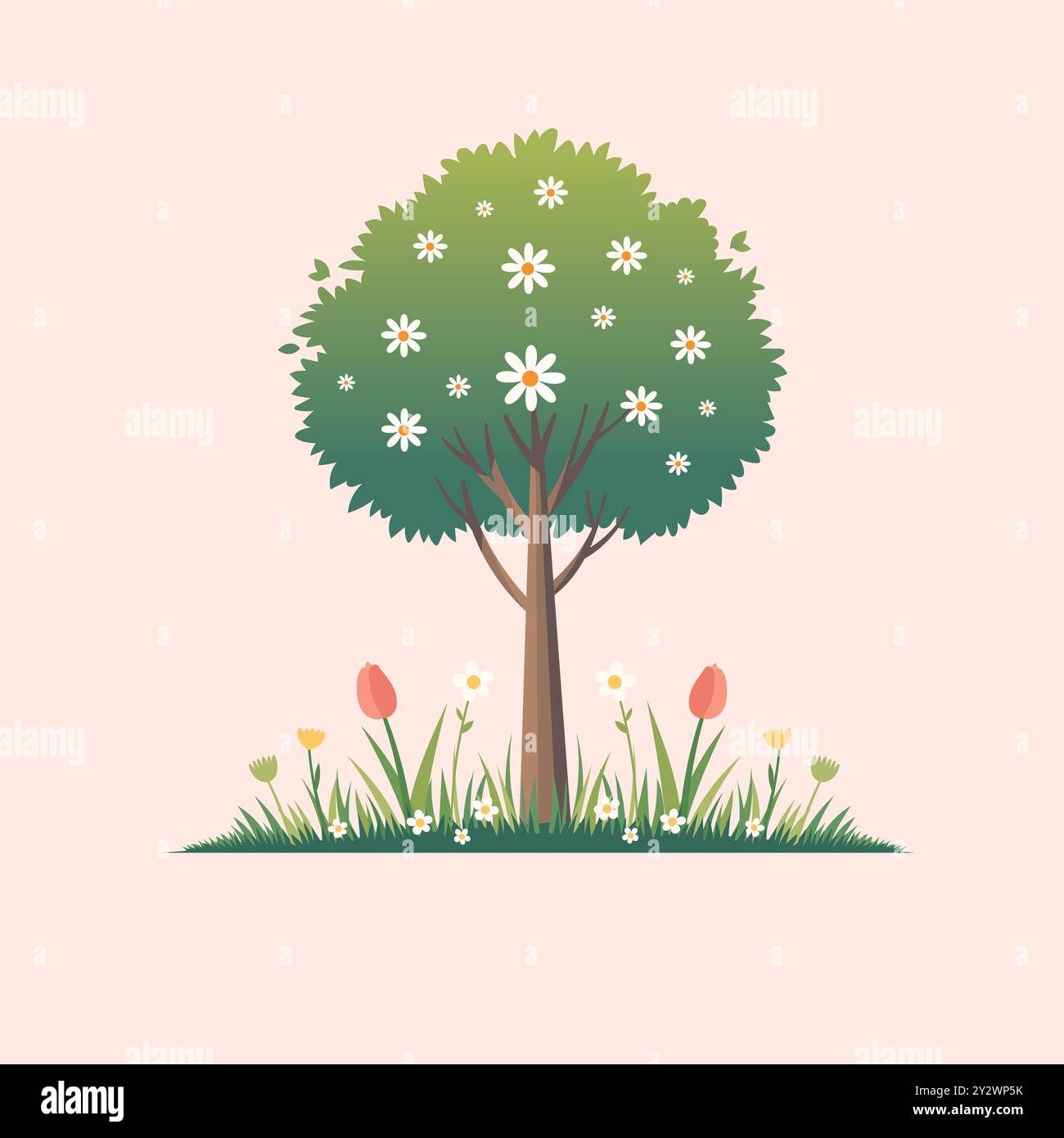Un arbre de printemps avec des feuilles vertes avec des fleurs en fleurs illustration vectorielle, vecteur d'arbre de fleur de cerisier, Illustration de Vecteur
