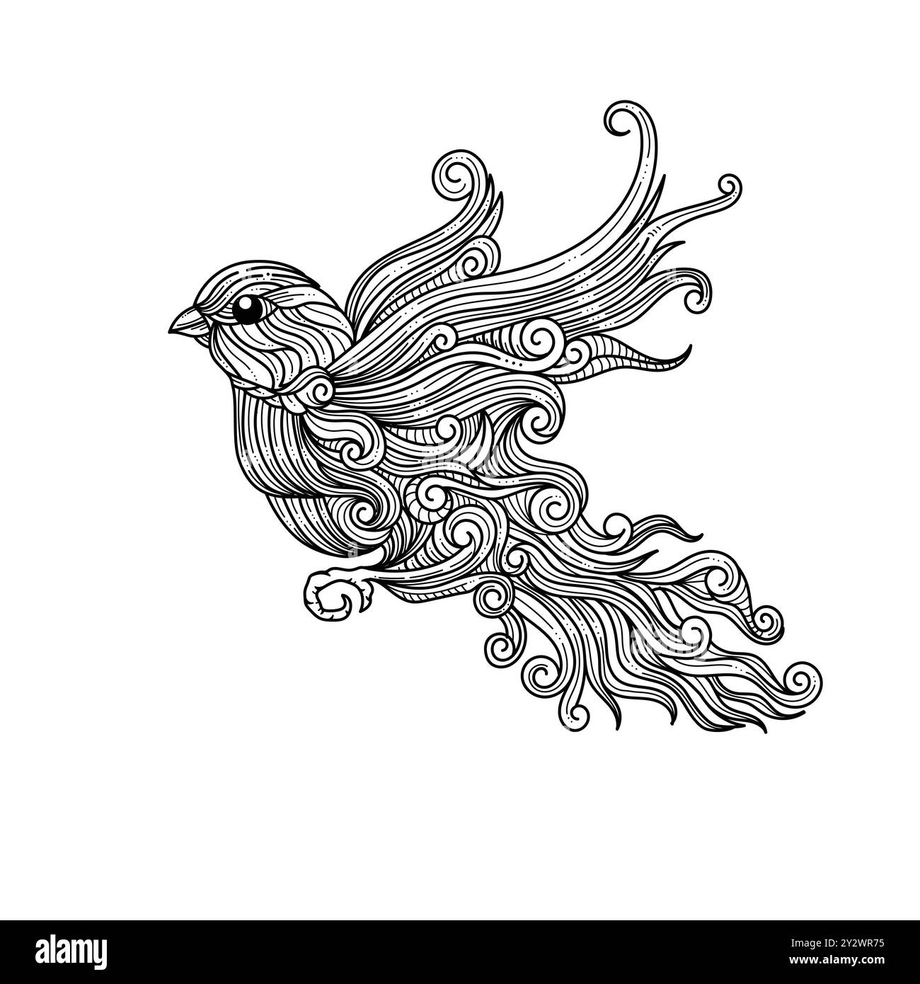 Oiseaux de moineau ornés dessinés à la main avec illustration vectorielle noire et blanche. Illustration de Vecteur