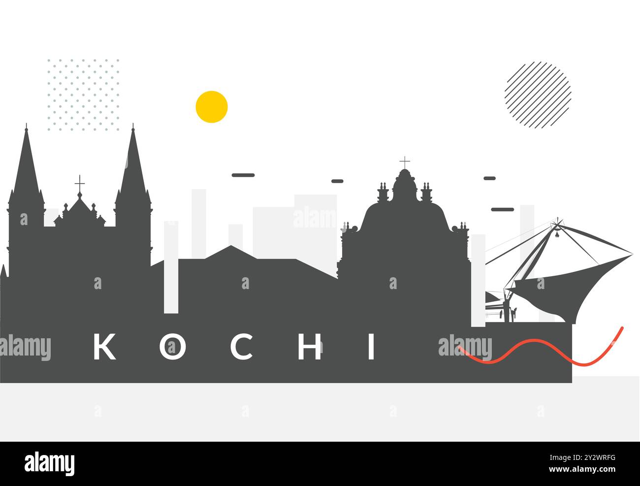 Ligne d'horizon de la ville de Kochi avec des lieux célèbres - illustration stock en tant que fichier EPS 10 Illustration de Vecteur