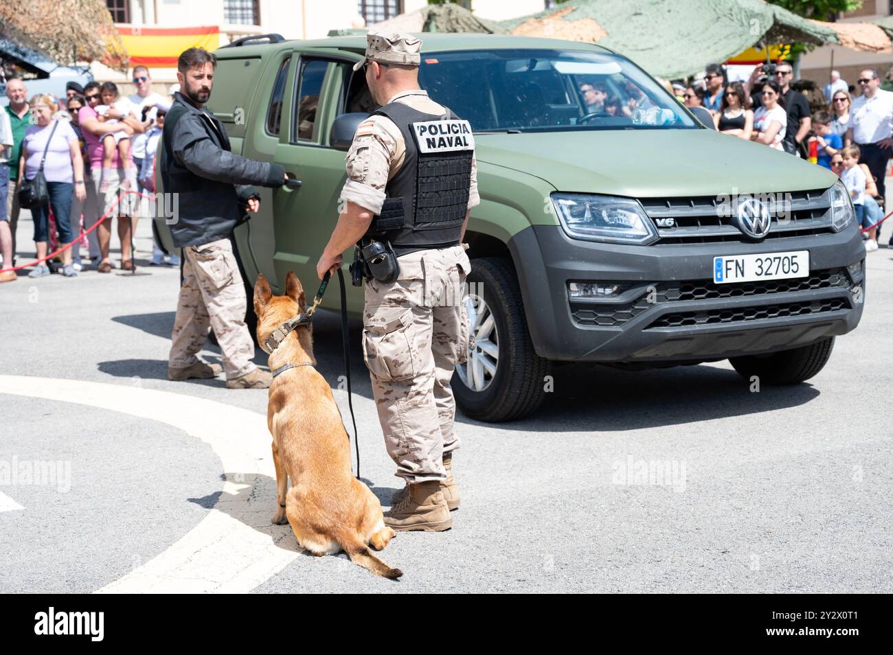 Soldat de la police navale de l'armée espagnole avec son chien dressé K9, a une laisse courte pour retenir le chien Banque D'Images