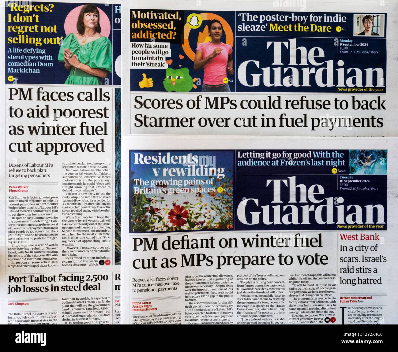 9, 10 et 11 septembre 2024. Le titre de la première page du Guardian pendant trois jours consécutifs parle de la réduction des paiements de carburant pour l'hiver par le Parti travailliste. Ils ont lu que des dizaines de députés pourraient refuser de soutenir Starmer sur la réduction des paiements de carburant, PM défiant sur la réduction de carburant hivernale alors que les députés se préparent à voter et PM fait face à des appels à aider les plus pauvres alors que la réduction de carburant hivernale a été approuvée. Banque D'Images