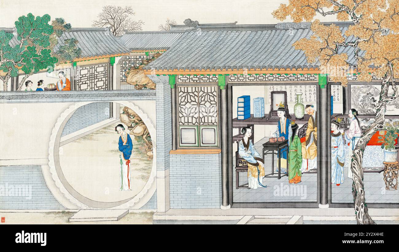 Scène tirée du rêve de la chambre rouge de Cao Xueqin (1710-1765) peinte par Sun Wen (1818-1904), artiste de la dynastie Qing, utilisant le pinceau traditionnel chinois pour transmettre les thèmes centraux de ce roman classique : amour, destin et hiérarchie sociale. Banque D'Images Scène tirée du rêve de la chambre rouge de Cao Xueqin (1710-1765) peinte par Sun Wen (1818-1904), artiste de la dynastie Qing, utilisant le pinceau traditionnel chinois pour transmettre les thèmes centraux de ce roman classique : amour, destin et hiérarchie sociale. Banque D'Images