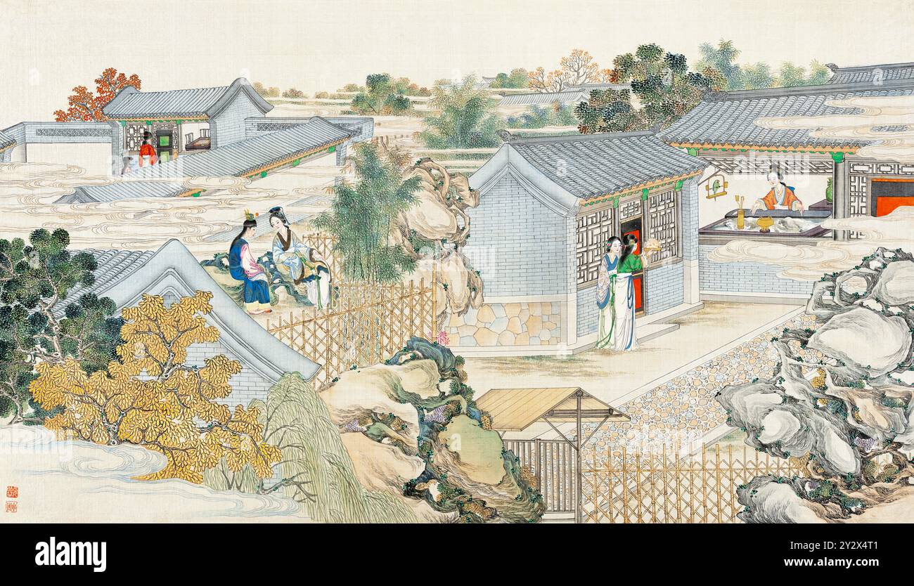 Scène tirée du rêve de la chambre rouge de Cao Xueqin (1710-1765) peinte par Sun Wen (1818-1904), artiste de la dynastie Qing, utilisant le pinceau traditionnel chinois pour transmettre les thèmes centraux de ce roman classique : amour, destin et hiérarchie sociale. Banque D'Images Scène tirée du rêve de la chambre rouge de Cao Xueqin (1710-1765) peinte par Sun Wen (1818-1904), artiste de la dynastie Qing, utilisant le pinceau traditionnel chinois pour transmettre les thèmes centraux de ce roman classique : amour, destin et hiérarchie sociale. Banque D'Images