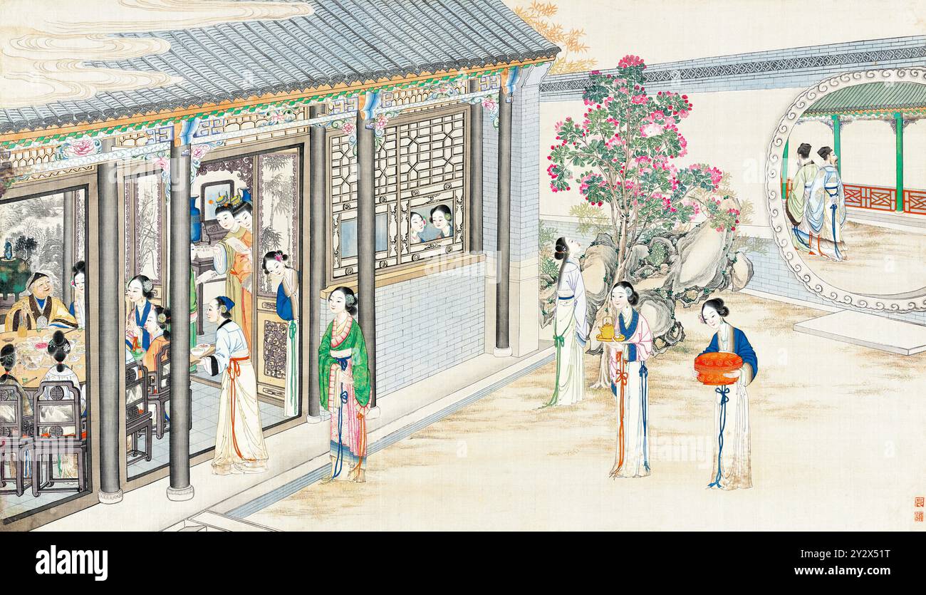 Scène tirée du rêve de la chambre rouge de Cao Xueqin (1710-1765) peinte par Sun Wen (1818-1904), artiste de la dynastie Qing, utilisant le pinceau traditionnel chinois pour transmettre les thèmes centraux de ce roman classique : amour, destin et hiérarchie sociale. Banque D'Images Scène tirée du rêve de la chambre rouge de Cao Xueqin (1710-1765) peinte par Sun Wen (1818-1904), artiste de la dynastie Qing, utilisant le pinceau traditionnel chinois pour transmettre les thèmes centraux de ce roman classique : amour, destin et hiérarchie sociale. Banque D'Images