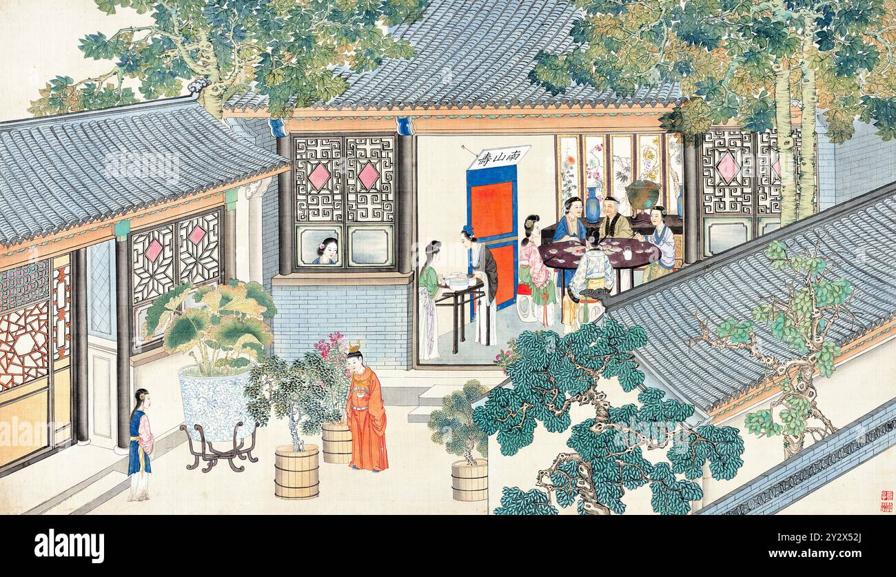 Scène tirée du rêve de la chambre rouge de Cao Xueqin (1710-1765) peinte par Sun Wen (1818-1904), artiste de la dynastie Qing, utilisant le pinceau traditionnel chinois pour transmettre les thèmes centraux de ce roman classique : amour, destin et hiérarchie sociale. Banque D'Images Scène tirée du rêve de la chambre rouge de Cao Xueqin (1710-1765) peinte par Sun Wen (1818-1904), artiste de la dynastie Qing, utilisant le pinceau traditionnel chinois pour transmettre les thèmes centraux de ce roman classique : amour, destin et hiérarchie sociale. Banque D'Images