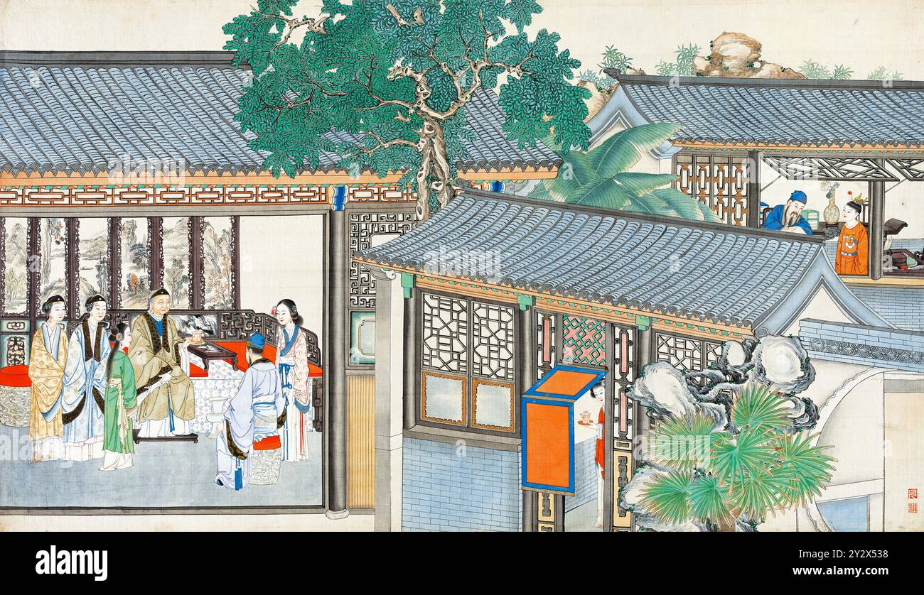 Scène tirée du rêve de la chambre rouge de Cao Xueqin (1710-1765) peinte par Sun Wen (1818-1904), artiste de la dynastie Qing, utilisant le pinceau traditionnel chinois pour transmettre les thèmes centraux de ce roman classique : amour, destin et hiérarchie sociale. Banque D'Images Scène tirée du rêve de la chambre rouge de Cao Xueqin (1710-1765) peinte par Sun Wen (1818-1904), artiste de la dynastie Qing, utilisant le pinceau traditionnel chinois pour transmettre les thèmes centraux de ce roman classique : amour, destin et hiérarchie sociale. Banque D'Images