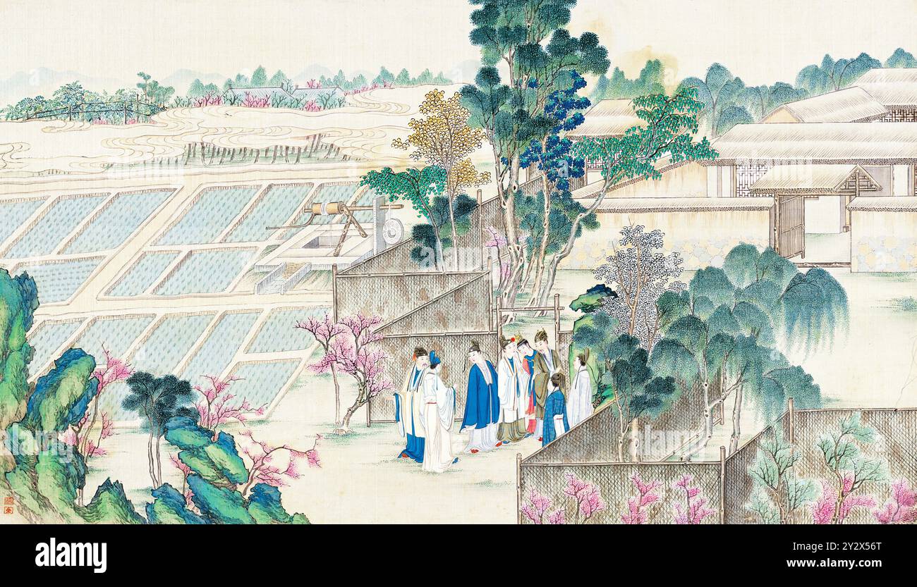 Scène tirée du rêve de la chambre rouge de Cao Xueqin (1710-1765) peinte par Sun Wen (1818-1904), artiste de la dynastie Qing, utilisant le pinceau traditionnel chinois pour transmettre les thèmes centraux de ce roman classique : amour, destin et hiérarchie sociale. Banque D'Images Scène tirée du rêve de la chambre rouge de Cao Xueqin (1710-1765) peinte par Sun Wen (1818-1904), artiste de la dynastie Qing, utilisant le pinceau traditionnel chinois pour transmettre les thèmes centraux de ce roman classique : amour, destin et hiérarchie sociale. Banque D'Images