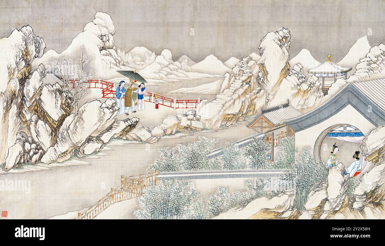 Scène tirée du rêve de la chambre rouge de Cao Xueqin (1710-1765) peinte par Sun Wen (1818-1904), artiste de la dynastie Qing, utilisant le pinceau traditionnel chinois pour transmettre les thèmes centraux de ce roman classique : amour, destin et hiérarchie sociale. Banque D'Images Scène tirée du rêve de la chambre rouge de Cao Xueqin (1710-1765) peinte par Sun Wen (1818-1904), artiste de la dynastie Qing, utilisant le pinceau traditionnel chinois pour transmettre les thèmes centraux de ce roman classique : amour, destin et hiérarchie sociale. Banque D'Images
