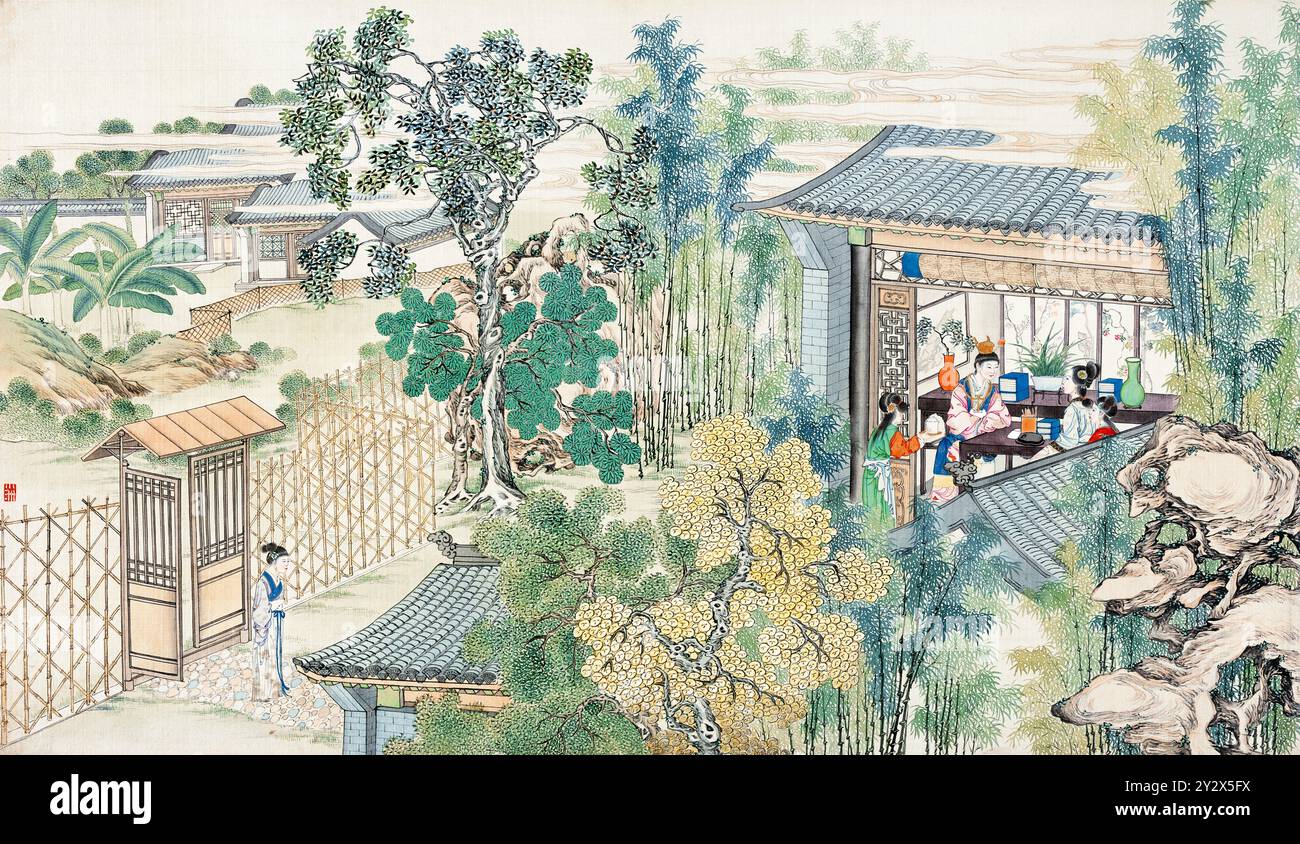 Scène tirée du rêve de la chambre rouge de Cao Xueqin (1710-1765) peinte par Sun Wen (1818-1904), artiste de la dynastie Qing, utilisant le pinceau traditionnel chinois pour transmettre les thèmes centraux de ce roman classique : amour, destin et hiérarchie sociale. Banque D'Images Scène tirée du rêve de la chambre rouge de Cao Xueqin (1710-1765) peinte par Sun Wen (1818-1904), artiste de la dynastie Qing, utilisant le pinceau traditionnel chinois pour transmettre les thèmes centraux de ce roman classique : amour, destin et hiérarchie sociale. Banque D'Images