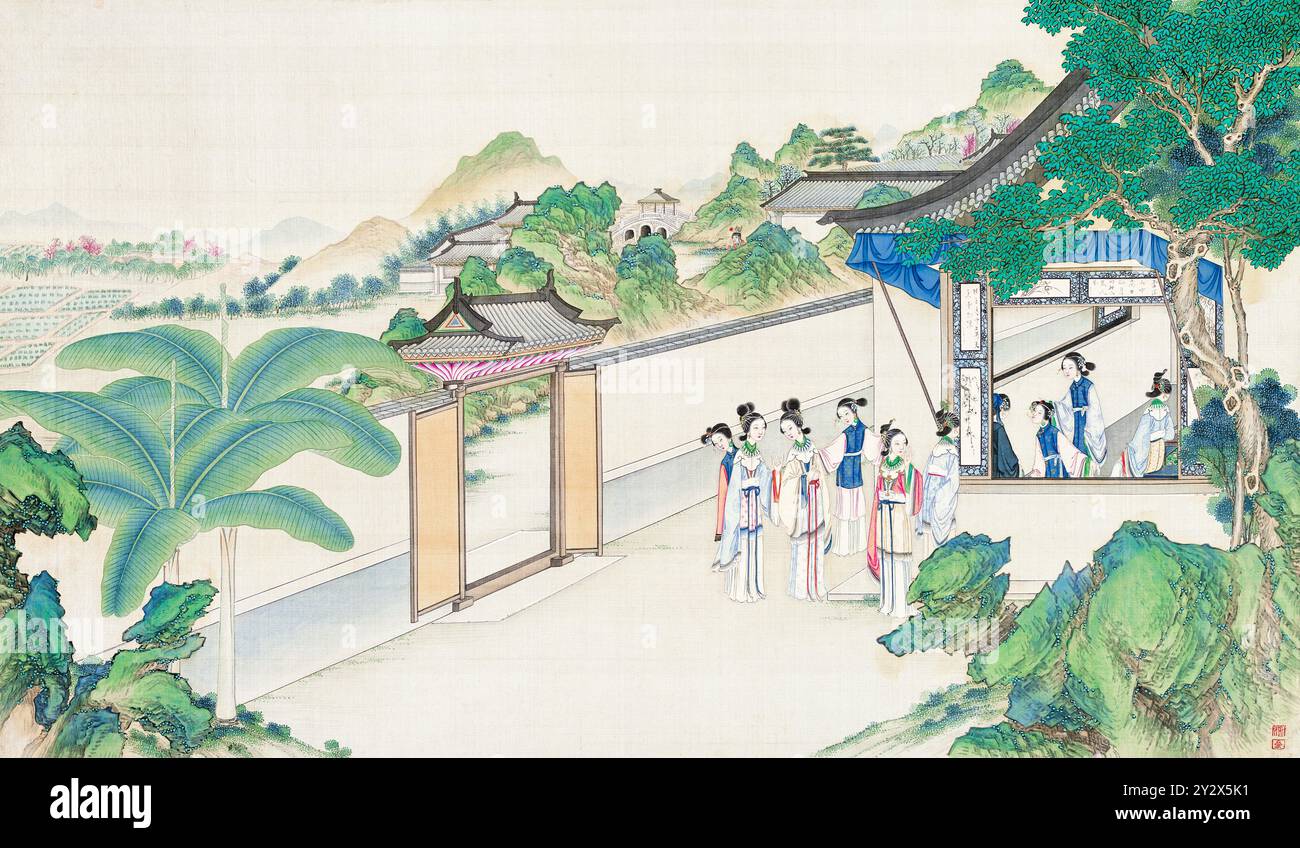 Scène tirée du rêve de la chambre rouge de Cao Xueqin (1710-1765) peinte par Sun Wen (1818-1904), artiste de la dynastie Qing, utilisant le pinceau traditionnel chinois pour transmettre les thèmes centraux de ce roman classique : amour, destin et hiérarchie sociale. Banque D'Images Scène tirée du rêve de la chambre rouge de Cao Xueqin (1710-1765) peinte par Sun Wen (1818-1904), artiste de la dynastie Qing, utilisant le pinceau traditionnel chinois pour transmettre les thèmes centraux de ce roman classique : amour, destin et hiérarchie sociale. Banque D'Images