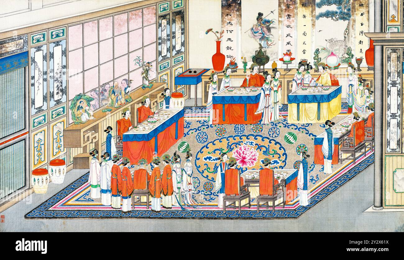 Scène tirée du rêve de la chambre rouge de Cao Xueqin (1710-1765) peinte par Sun Wen (1818-1904), artiste de la dynastie Qing, utilisant le pinceau traditionnel chinois pour transmettre les thèmes centraux de ce roman classique : amour, destin et hiérarchie sociale. Banque D'Images Scène tirée du rêve de la chambre rouge de Cao Xueqin (1710-1765) peinte par Sun Wen (1818-1904), artiste de la dynastie Qing, utilisant le pinceau traditionnel chinois pour transmettre les thèmes centraux de ce roman classique : amour, destin et hiérarchie sociale. Banque D'Images