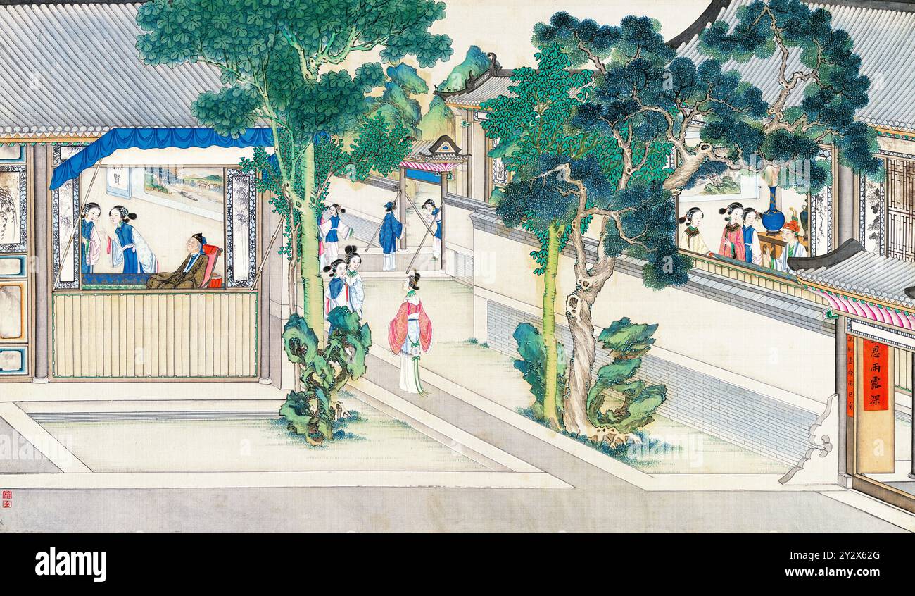 Scène tirée du rêve de la chambre rouge de Cao Xueqin (1710-1765) peinte par Sun Wen (1818-1904), artiste de la dynastie Qing, utilisant le pinceau traditionnel chinois pour transmettre les thèmes centraux de ce roman classique : amour, destin et hiérarchie sociale. Banque D'Images Scène tirée du rêve de la chambre rouge de Cao Xueqin (1710-1765) peinte par Sun Wen (1818-1904), artiste de la dynastie Qing, utilisant le pinceau traditionnel chinois pour transmettre les thèmes centraux de ce roman classique : amour, destin et hiérarchie sociale. Banque D'Images