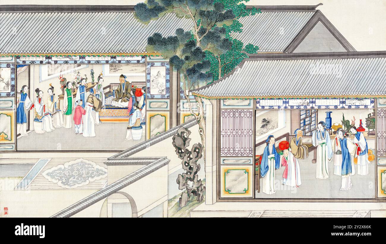 Scène tirée du rêve de la chambre rouge de Cao Xueqin (1710-1765) peinte par Sun Wen (1818-1904), artiste de la dynastie Qing, utilisant le pinceau traditionnel chinois pour transmettre les thèmes centraux de ce roman classique : amour, destin et hiérarchie sociale. Banque D'Images Scène tirée du rêve de la chambre rouge de Cao Xueqin (1710-1765) peinte par Sun Wen (1818-1904), artiste de la dynastie Qing, utilisant le pinceau traditionnel chinois pour transmettre les thèmes centraux de ce roman classique : amour, destin et hiérarchie sociale. Banque D'Images