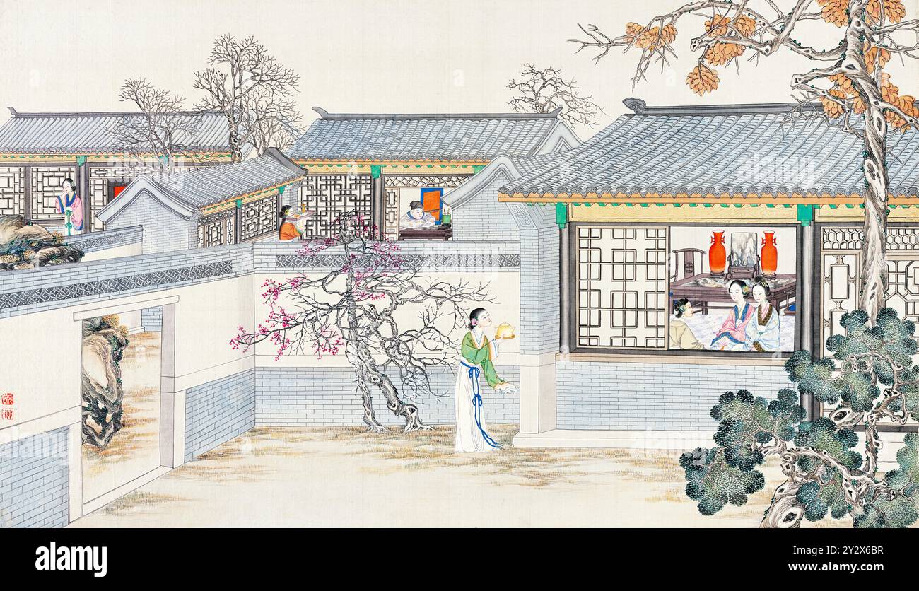 Scène tirée du rêve de la chambre rouge de Cao Xueqin (1710-1765) peinte par Sun Wen (1818-1904), artiste de la dynastie Qing, utilisant le pinceau traditionnel chinois pour transmettre les thèmes centraux de ce roman classique : amour, destin et hiérarchie sociale. Banque D'Images