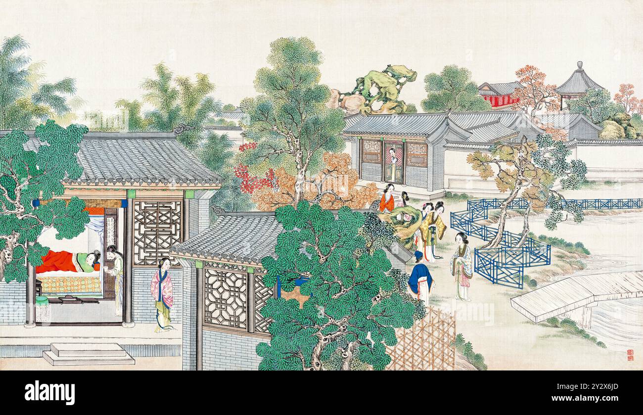 Scène tirée du rêve de la chambre rouge de Cao Xueqin (1710-1765) peinte par Sun Wen (1818-1904), artiste de la dynastie Qing, utilisant le pinceau traditionnel chinois pour transmettre les thèmes centraux de ce roman classique : amour, destin et hiérarchie sociale. Banque D'Images Scène tirée du rêve de la chambre rouge de Cao Xueqin (1710-1765) peinte par Sun Wen (1818-1904), artiste de la dynastie Qing, utilisant le pinceau traditionnel chinois pour transmettre les thèmes centraux de ce roman classique : amour, destin et hiérarchie sociale. Banque D'Images