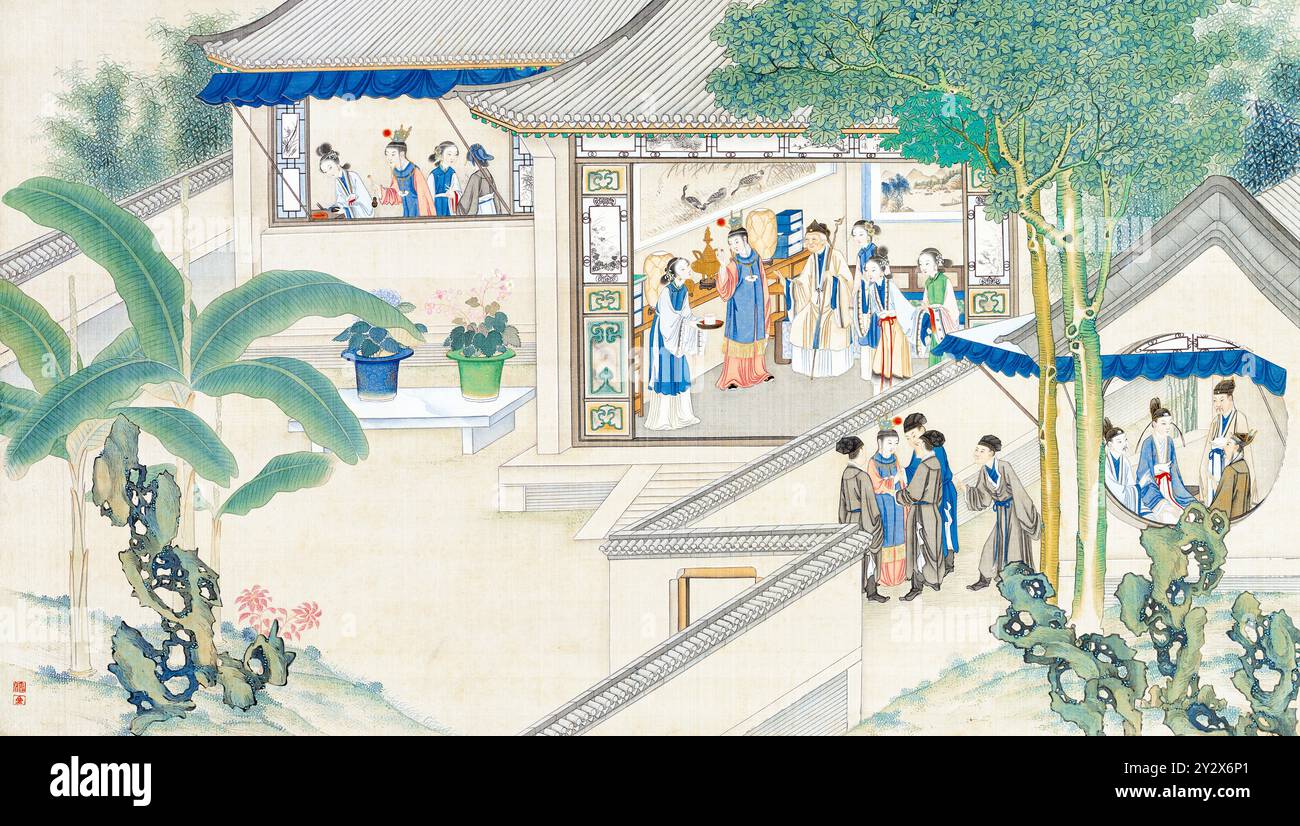 Scène tirée du rêve de la chambre rouge de Cao Xueqin (1710-1765) peinte par Sun Wen (1818-1904), artiste de la dynastie Qing, utilisant le pinceau traditionnel chinois pour transmettre les thèmes centraux de ce roman classique : amour, destin et hiérarchie sociale. Banque D'Images