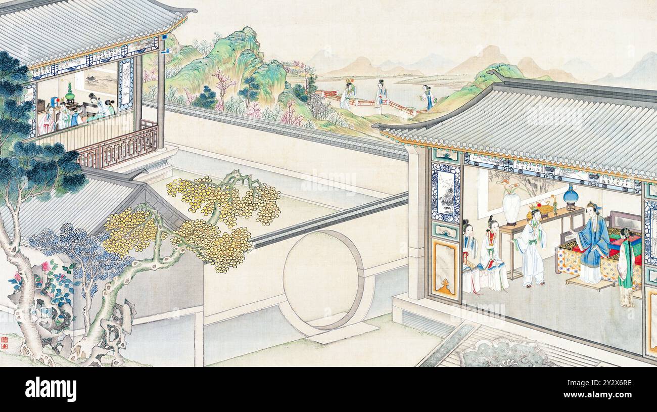 Scène tirée du rêve de la chambre rouge de Cao Xueqin (1710-1765) peinte par Sun Wen (1818-1904), artiste de la dynastie Qing, utilisant le pinceau traditionnel chinois pour transmettre les thèmes centraux de ce roman classique : amour, destin et hiérarchie sociale. Banque D'Images Scène tirée du rêve de la chambre rouge de Cao Xueqin (1710-1765) peinte par Sun Wen (1818-1904), artiste de la dynastie Qing, utilisant le pinceau traditionnel chinois pour transmettre les thèmes centraux de ce roman classique : amour, destin et hiérarchie sociale. Banque D'Images