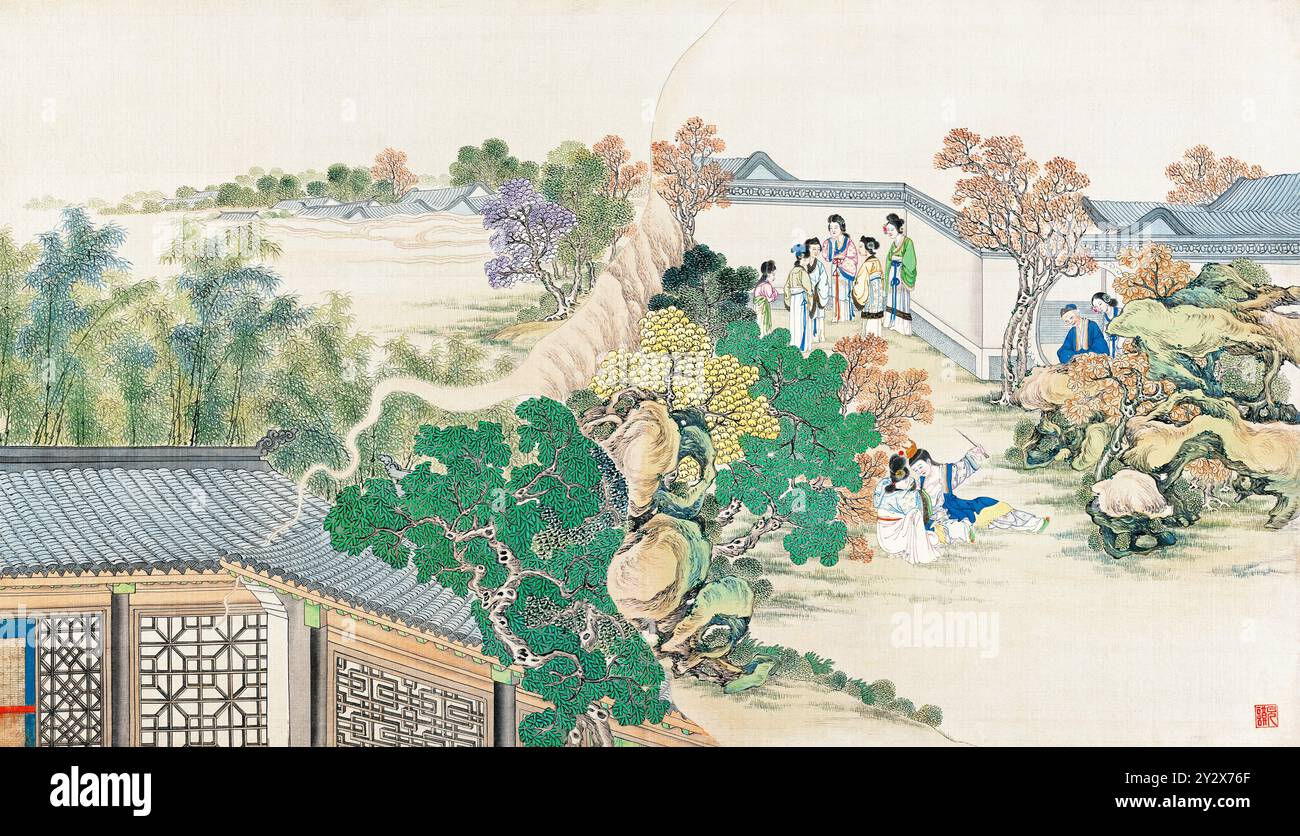 Scène tirée du rêve de la chambre rouge de Cao Xueqin (1710-1765) peinte par Sun Wen (1818-1904), artiste de la dynastie Qing, utilisant le pinceau traditionnel chinois pour transmettre les thèmes centraux de ce roman classique : amour, destin et hiérarchie sociale. Banque D'Images Scène tirée du rêve de la chambre rouge de Cao Xueqin (1710-1765) peinte par Sun Wen (1818-1904), artiste de la dynastie Qing, utilisant le pinceau traditionnel chinois pour transmettre les thèmes centraux de ce roman classique : amour, destin et hiérarchie sociale. Banque D'Images
