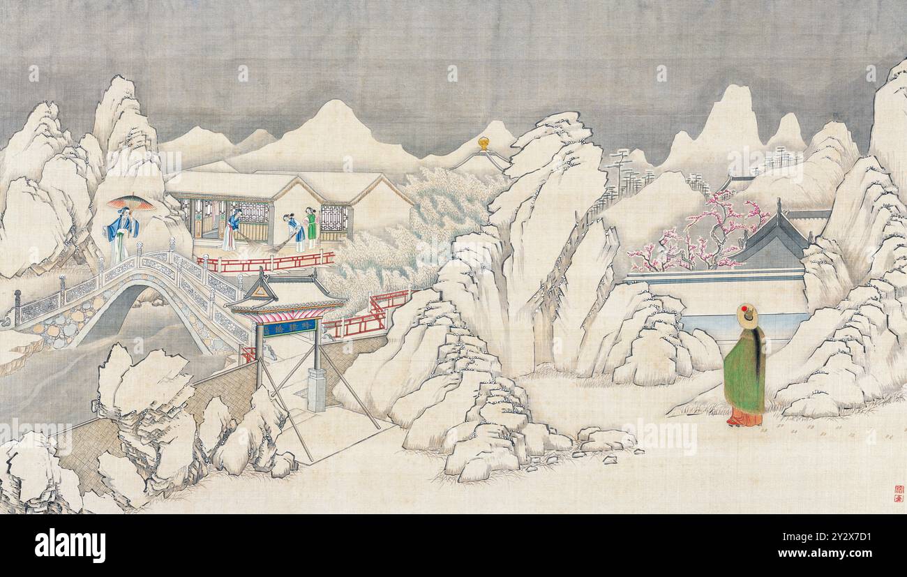 Scène enneigée du rêve de la chambre rouge de Cao Xueqin (1710-1765) peinte par Sun Wen (1818-1904), artiste de la dynastie Qing, utilisant le pinceau traditionnel chinois pour transmettre les thèmes centraux de ce roman classique : amour, destin et hiérarchie sociale. Banque D'Images