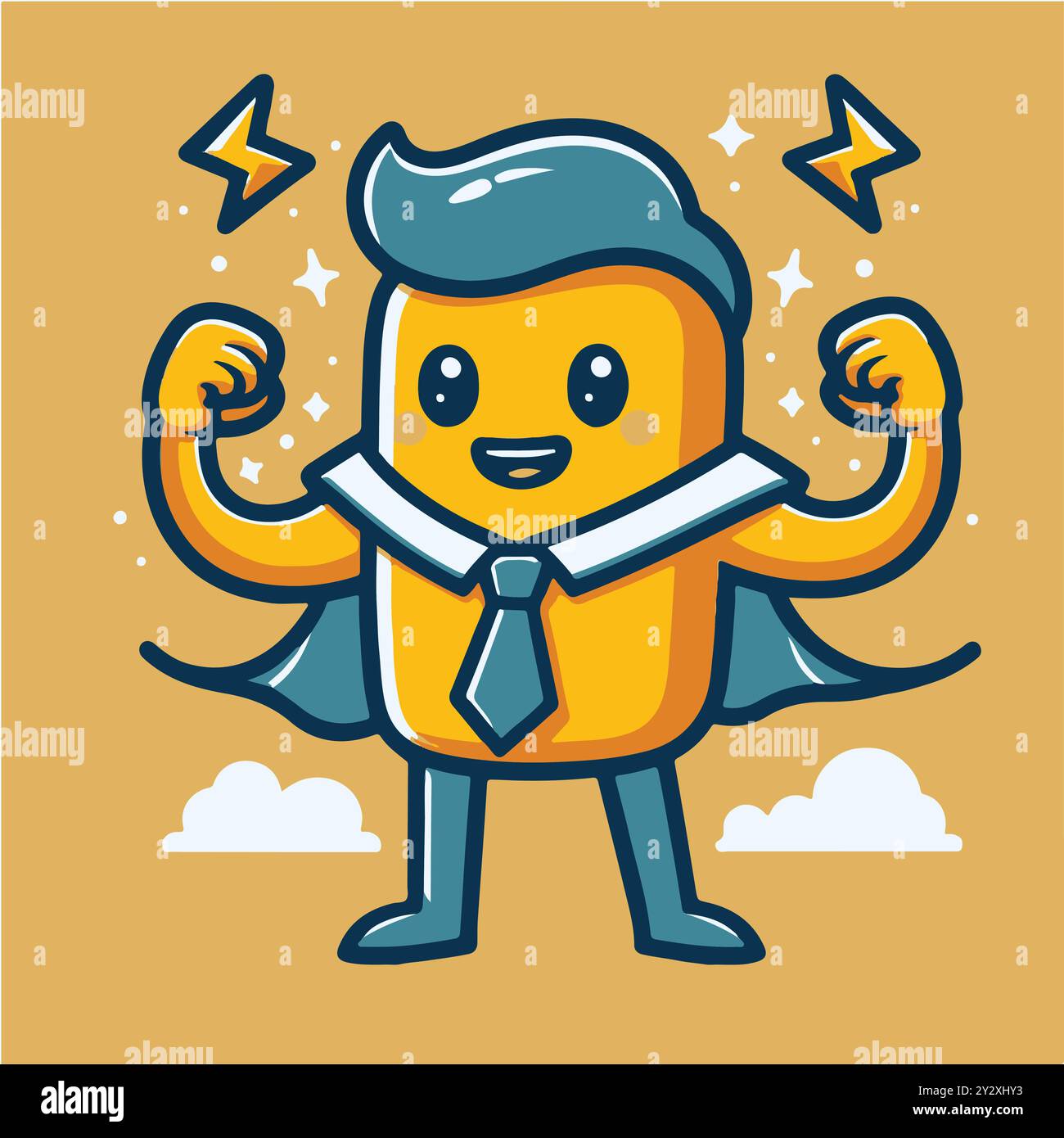 Illustration de personnage de super-héros de bande dessinée – héros jaune mignon avec cravate, cape, muscles et pose de puissance, mascotte comique énergique pour enfants et marque Illustration de Vecteur