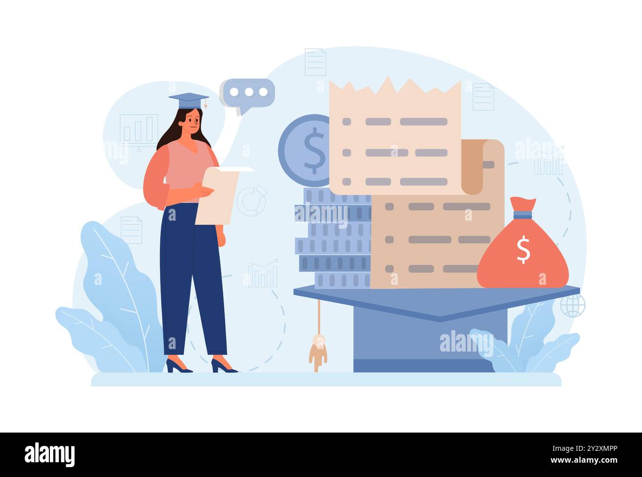 Dette étudiante. Jeune personnage diplômé avec une crise financière. Prêt à l'éducation expatrié. Problème de paiement après une graduation. Illustration vectorielle plate Illustration de Vecteur