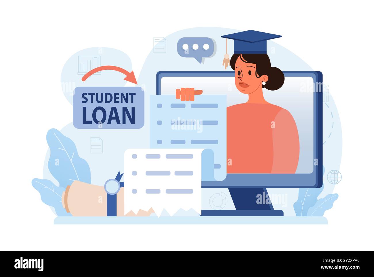 Dette étudiante. Jeune personnage diplômé avec une crise financière. Prêt à l'éducation expatrié. Problème de paiement après une graduation. Illustration vectorielle plate Illustration de Vecteur