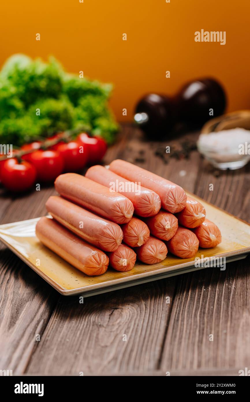 Pile de saucisses sur une assiette, parfait pour les présentations alimentaires, les visuels de cuisine et les conceptions de menu Banque D'Images