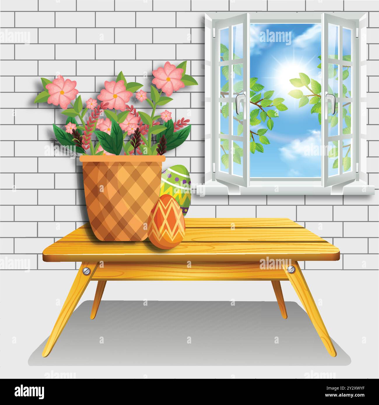 Pot de fleurs sur la table en bois près de la fenêtre ouverte avec la lumière du soleil Illustration de Vecteur