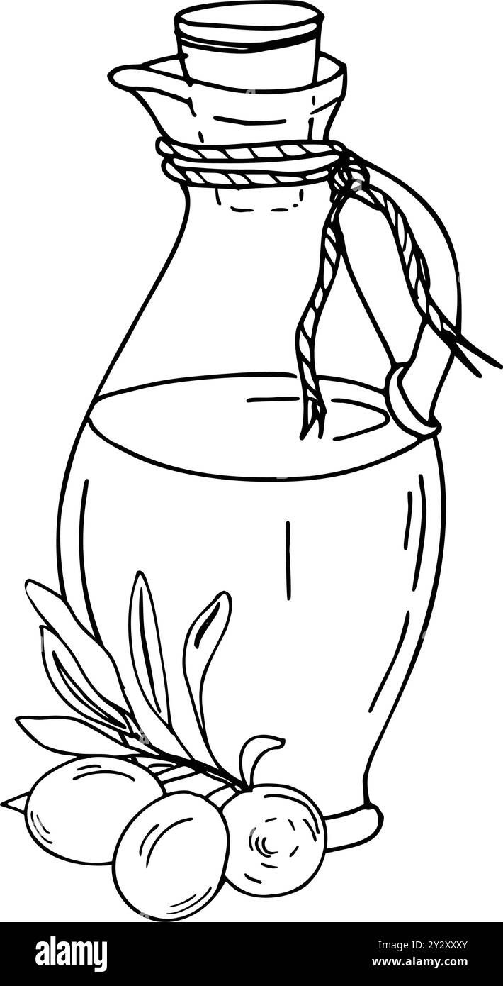 Composition de carafe en verre avec huile et branche d'olive. Illustration vectorielle dessinée à la main, ligne choisie Dessin à l'encre pour menu, produit et italien, grec Illustration de Vecteur