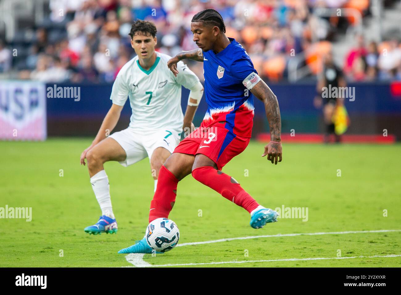 Cincinnati, Ohio, États-Unis, 10 septembre 2024. Le défenseur Chris Richards (3). L'USMNT affronte la Nouvelle-Zélande dans un match amical international au stade TQL de Cincinnati, Ohio. Crédit : Kindell Buchanan/Alamy Live News Banque D'Images