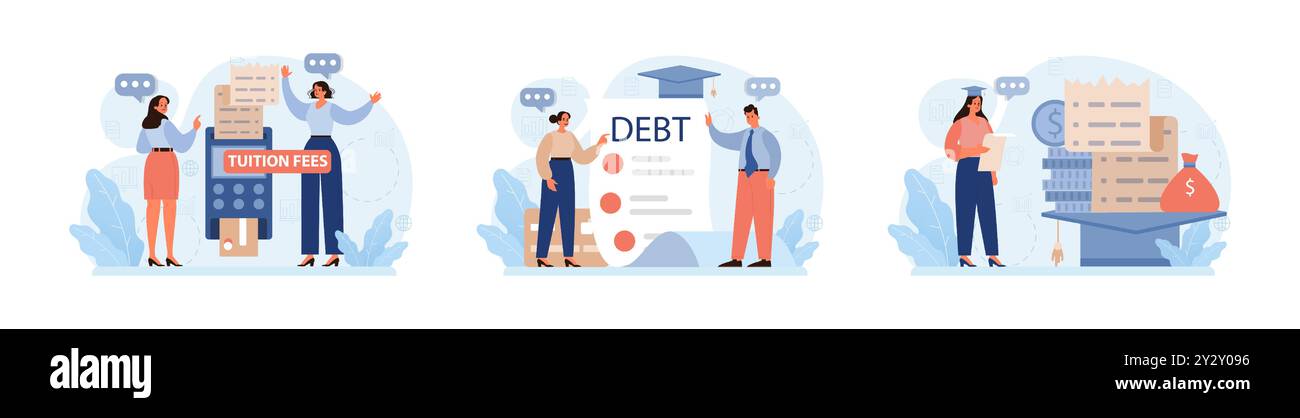 Dette étudiante fixée. Jeune personnage diplômé avec une crise financière. Prêt à l'éducation expatrié. Problème de paiement après une graduation. Illustration vectorielle plate Illustration de Vecteur