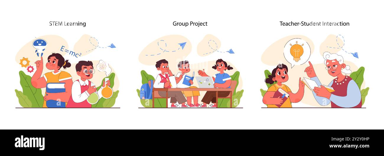 Ensemble pédagogique. Méthodes d'éducation et d'éducation des enfants. Les enfants de l'école primaire acquièrent des connaissances et des compétences, une approche moderne de l'enseignement. Illustration vectorielle plate Illustration de Vecteur