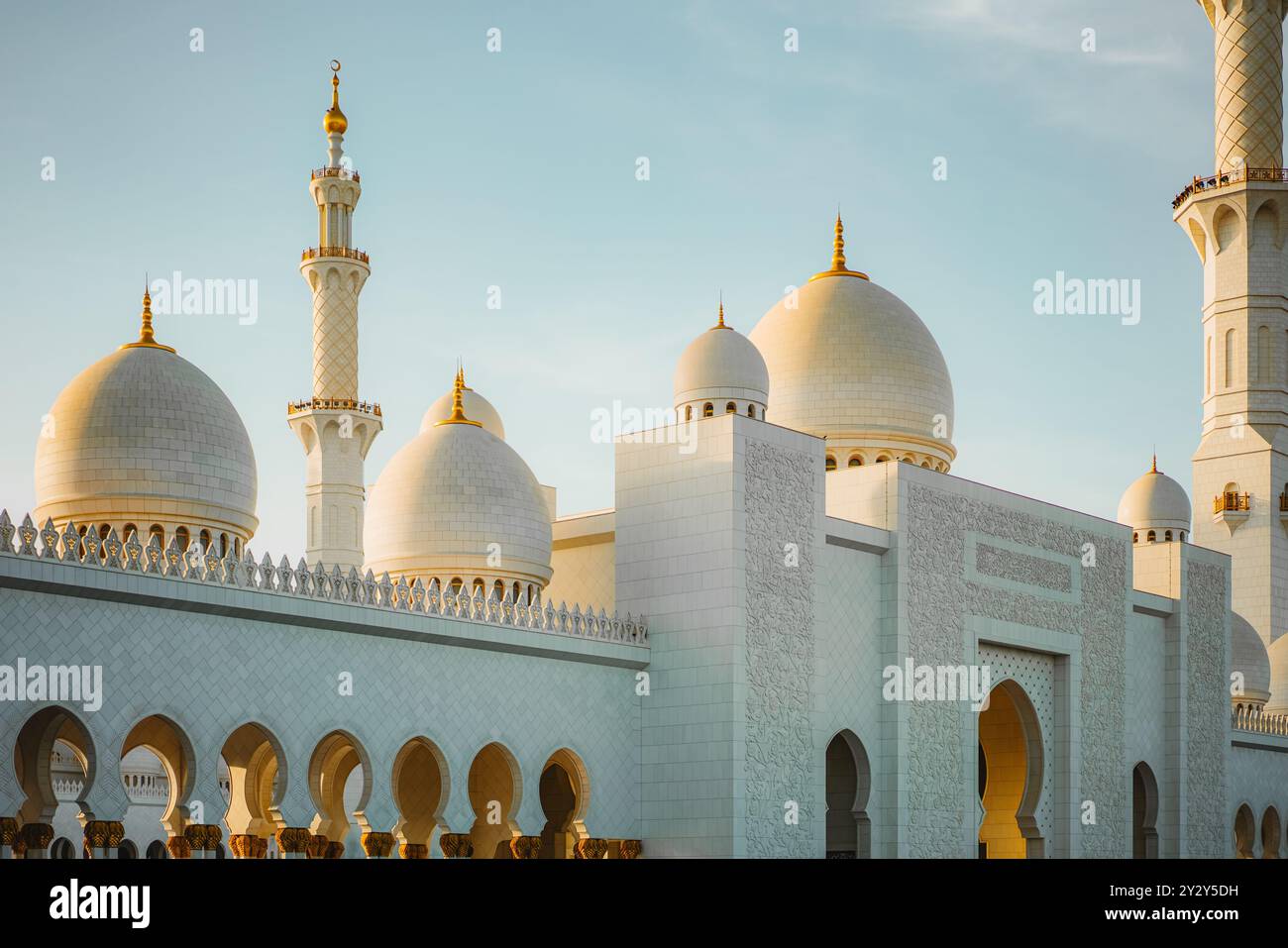 Une belle vue sur la Grande Mosquée Sheikh Zayed à Abu Dhabi, Émirats arabes Unis, mettant en valeur son architecture étonnante et ses dômes en marbre blanc contre un ciel dégagé. Banque D'Images