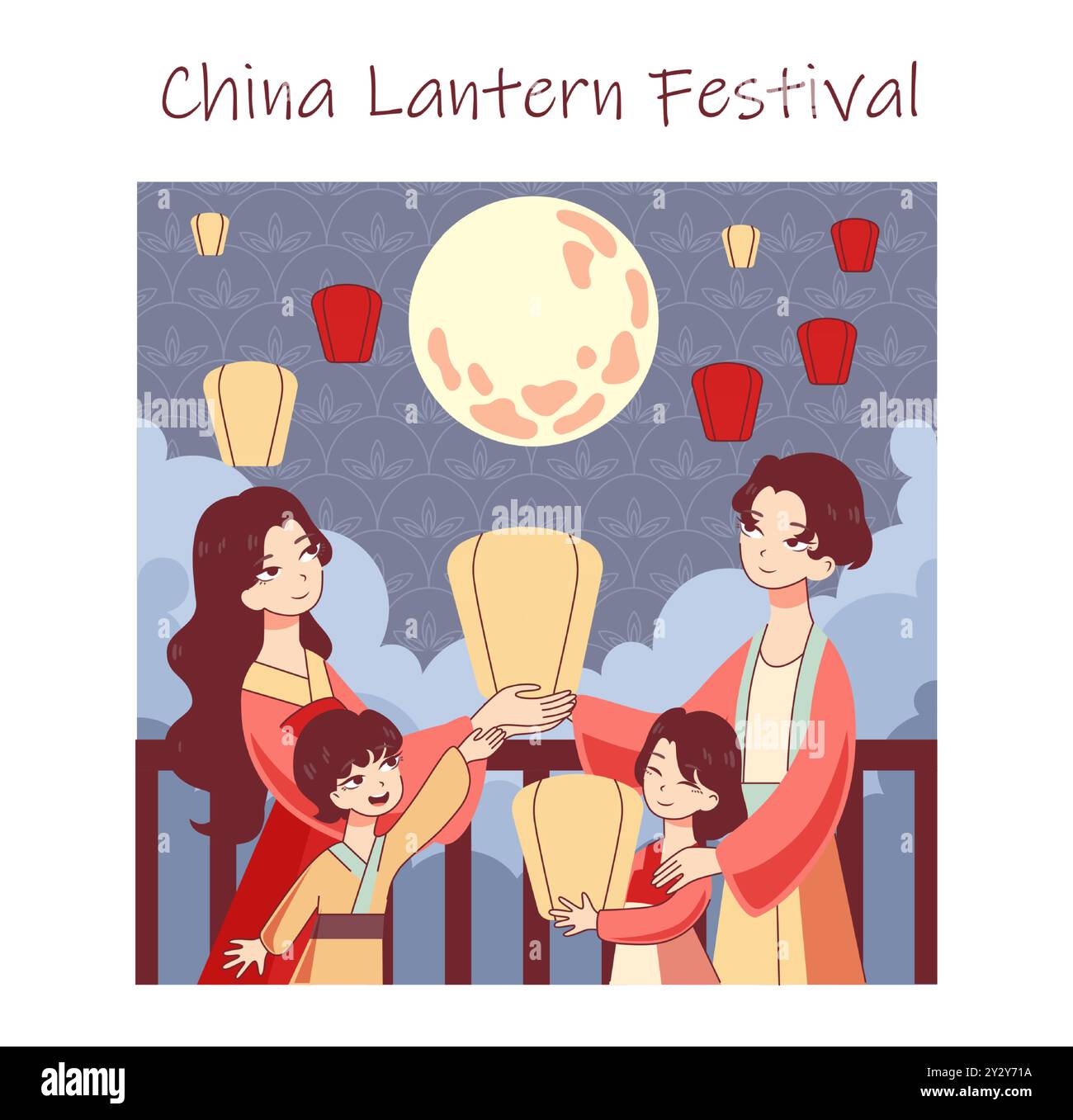 Culture orientale. Festivité chinoise traditionnelle. Famille de personnages heureux célèbrent le festival asiatique national. Fête des lanternes le 15 janvier. Illustration vectorielle plate Illustration de Vecteur