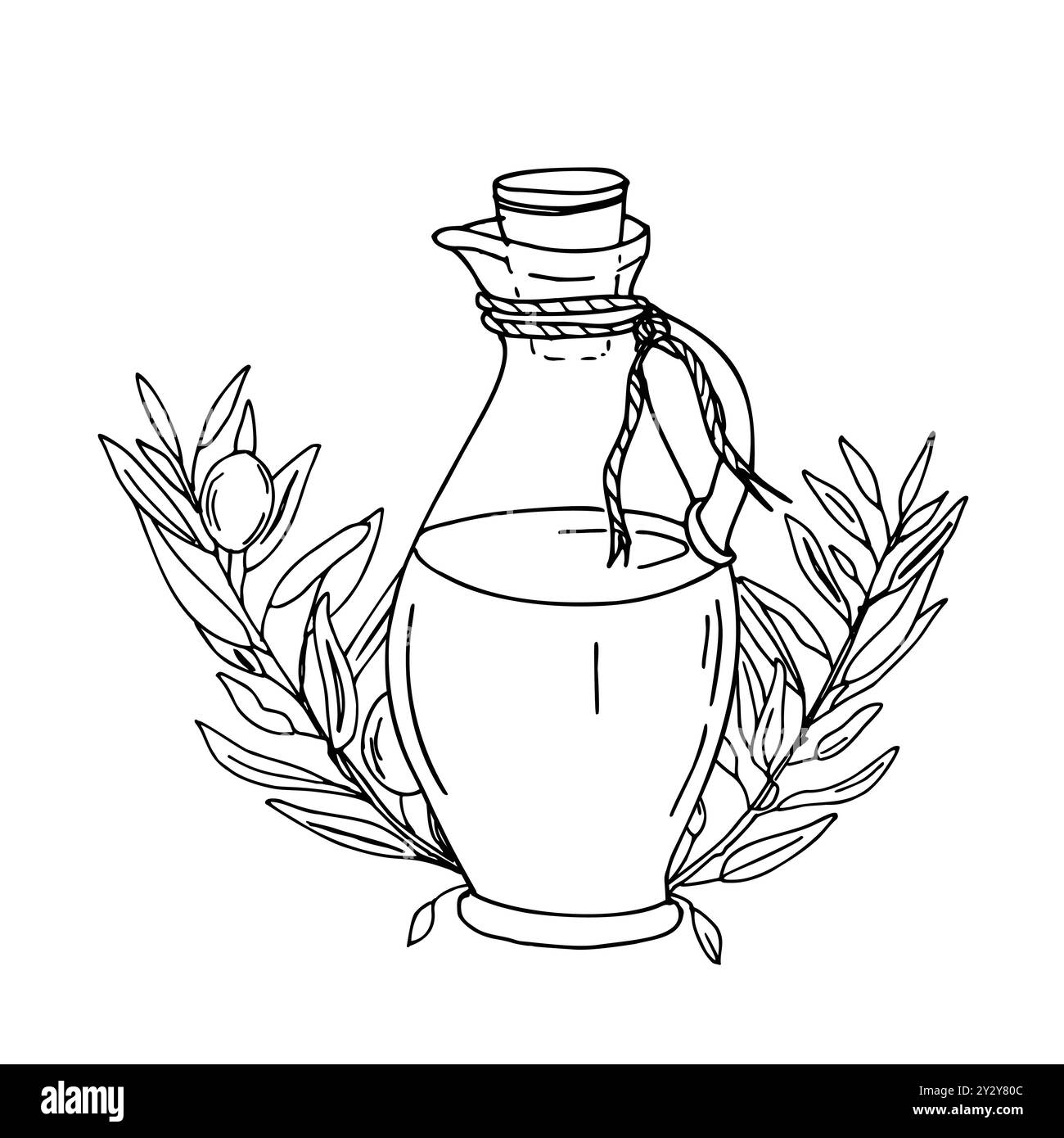 Branches d'olivier et carafe en verre avec composition d'huile. Illustration vectorielle dessinée à la main, ligne choisie Dessin à l'encre pour la conception de menu, de produit et de cuisine Illustration de Vecteur