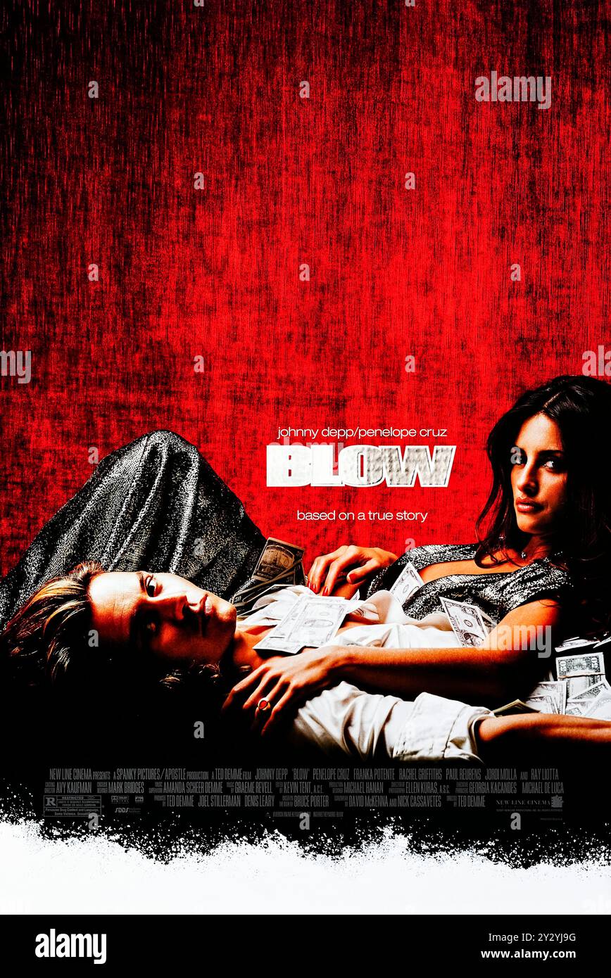 Blow (2001) réalisé par Ted Demme et mettant en vedette Johnny Depp et Penélope Cruz. Basé sur l'histoire vraie de George Jung, un homme qui est devenu un acteur majeur dans le commerce de la cocaïne aux États-Unis dans les années 1970 et 1980 Photographie d'une affiche originale américaine d'une feuille de 2001 ***USAGE ÉDITORIAL SEULEMENT***. Crédit : BFA / New Line Cinema Banque D'Images