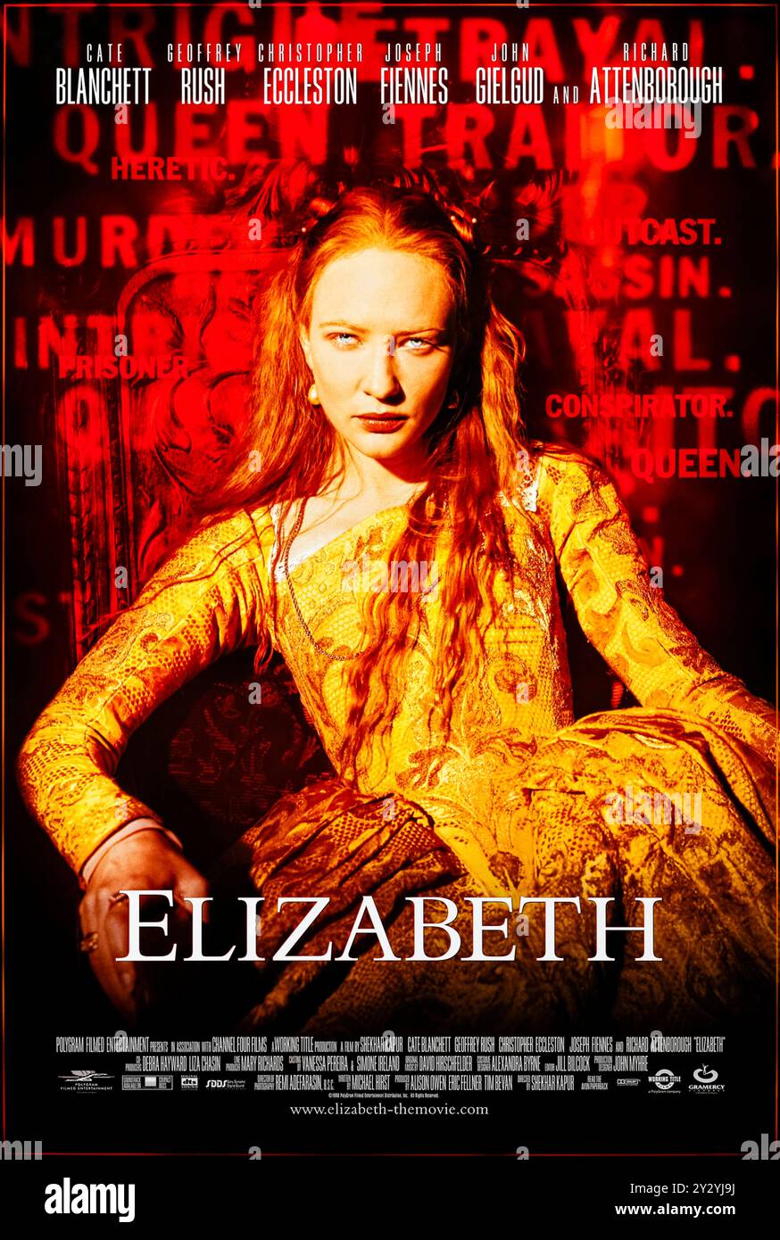 Elizabeth (1998) réalisé par Shekhar Kapur et mettant en vedette Cate Blanchett, John Gielgud et Richard Attenborough. Les premières années du règne d'Élisabeth Ire d'Angleterre et sa tâche difficile d'apprendre ce qui est nécessaire pour être monarque. Photographie d'une affiche originale américaine d'une feuille de 1998 ***USAGE ÉDITORIAL SEULEMENT***. Crédit : BFA / Gramercy Pictures Banque D'Images