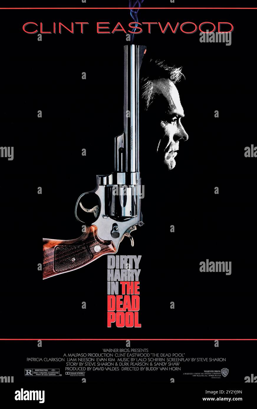 The Dead Pool (1988) réalisé par Buddy Van Horn avec Clint Eastwood, Patricia Clarkson, Liam Neeson et Evan Kim. Cinquième et dernier opus des films Dirty Harry, l'inspecteur Harry Callahan enquête sur une série de meurtres liés à un jeu prédisant la mort de célébrités. Photographie d'une affiche originale américaine d'une feuille de 1988 ***USAGE ÉDITORIAL SEULEMENT***. Crédit : BFA / Warner Bros Banque D'Images