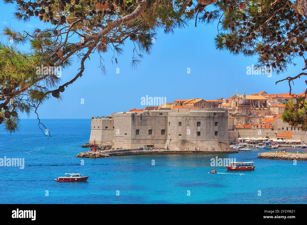 Paysage estival côtier - vue sur la forteresse John et le port de la ville de la vieille ville de Dubrovnik sur la côte adriatique de la Croatie Banque D'Images