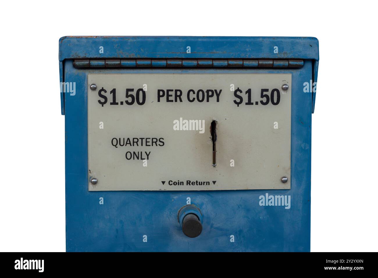 Vieux distributeur automatique de journaux avec fente pour les quartiers seulement, et le prix, 1,50 $ l'exemplaire, rivière Rouge, Nouveau Mexique, ÉTATS-UNIS Banque D'Images