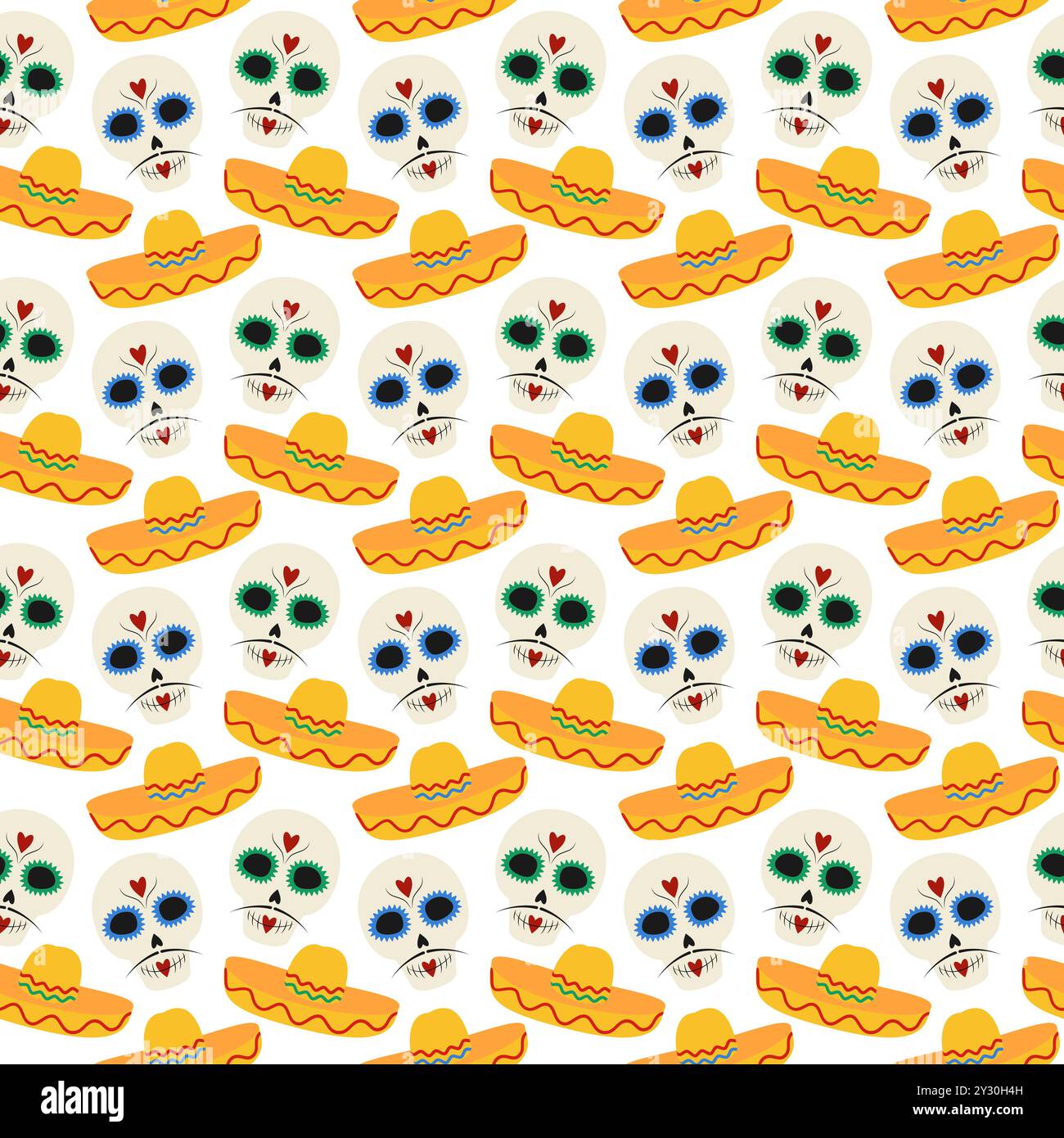 Crânes de sucre décoratifs avec moustache et sombrero Seamless Pattern Day of the Dead Background idée. Illustration vectorielle isolée sur blanc emballage, papier peint, emballage ou web, cartes, affiche, bannière Illustration de Vecteur